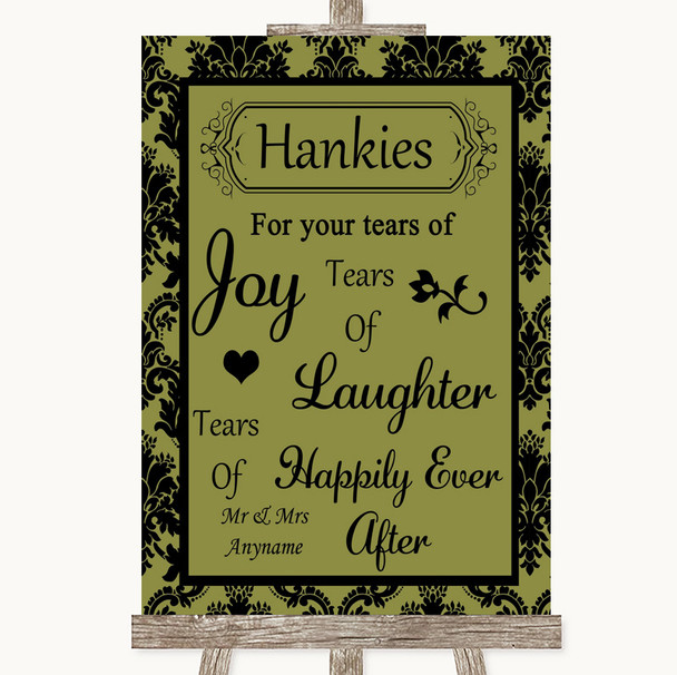 Olive Green Damask Hankies And Tissues Personalised Wedding Sign