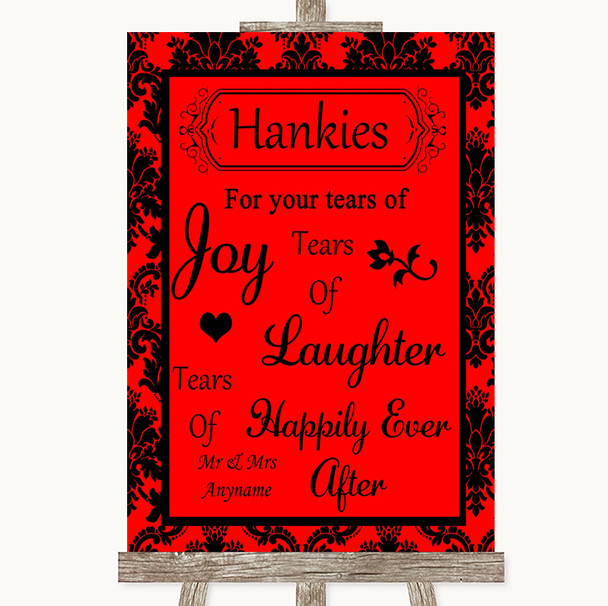 Red Damask Hankies And Tissues Personalised Wedding Sign