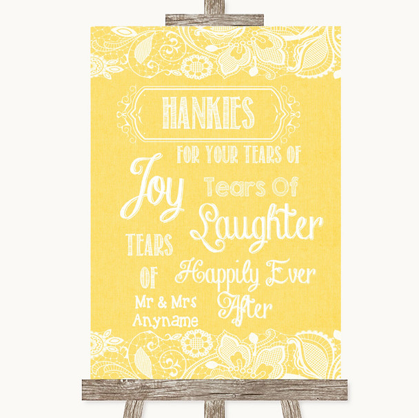 Yellow Burlap & Lace Hankies And Tissues Personalised Wedding Sign