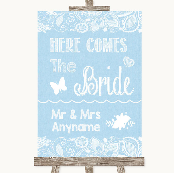 Blue Burlap & Lace Here Comes Bride Aisle Sign Personalised Wedding Sign