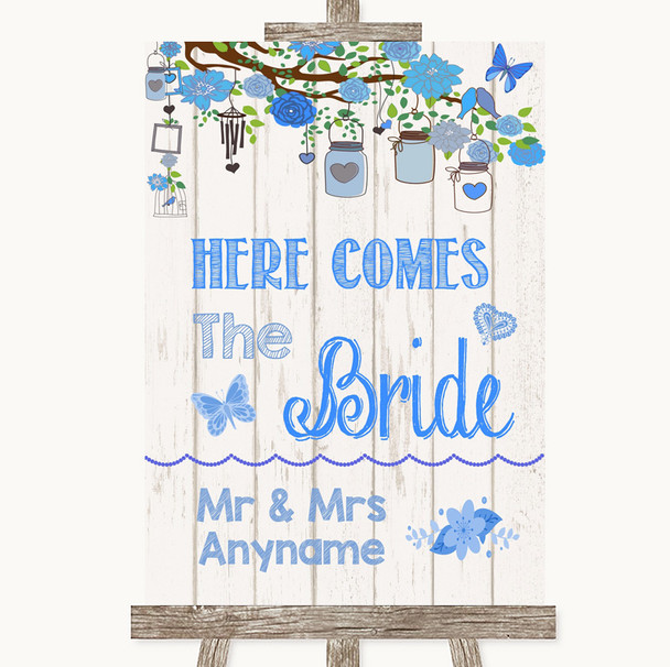 Blue Rustic Wood Here Comes Bride Aisle Sign Personalised Wedding Sign