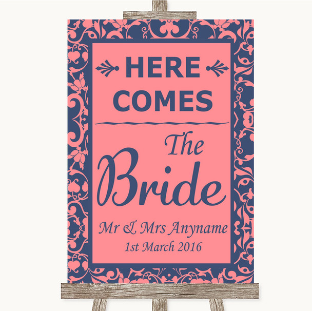 Coral Pink & Blue Here Comes Bride Aisle Sign Personalised Wedding Sign