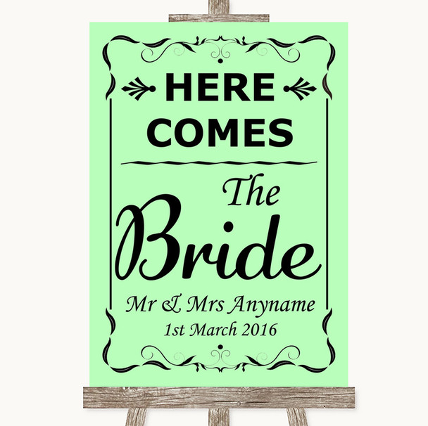 Green Here Comes Bride Aisle Sign Personalised Wedding Sign