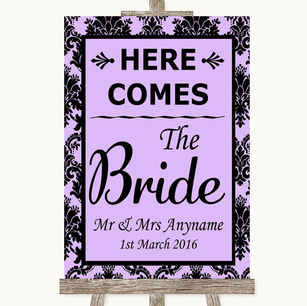 Lilac Damask Here Comes Bride Aisle Sign Personalised Wedding Sign