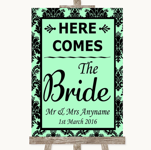 Mint Green Damask Here Comes Bride Aisle Sign Personalised Wedding Sign