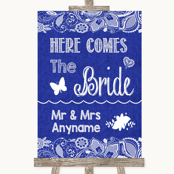 Navy Blue Burlap & Lace Here Comes Bride Aisle Sign Personalised Wedding Sign