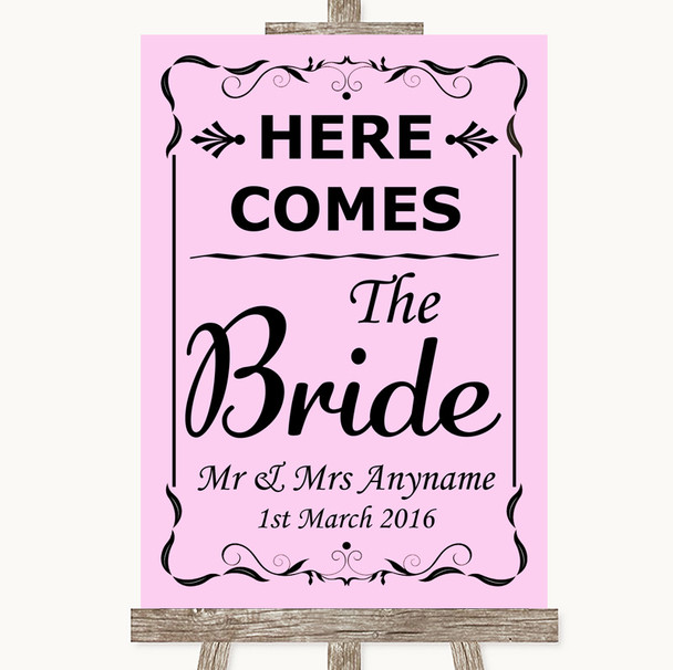 Pink Here Comes Bride Aisle Sign Personalised Wedding Sign