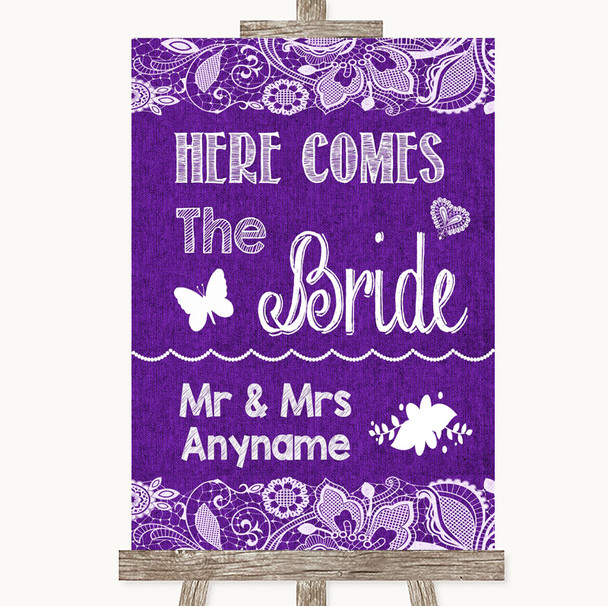 Purple Burlap & Lace Here Comes Bride Aisle Sign Personalised Wedding Sign