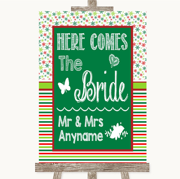 Red & Green Winter Here Comes Bride Aisle Sign Personalised Wedding Sign