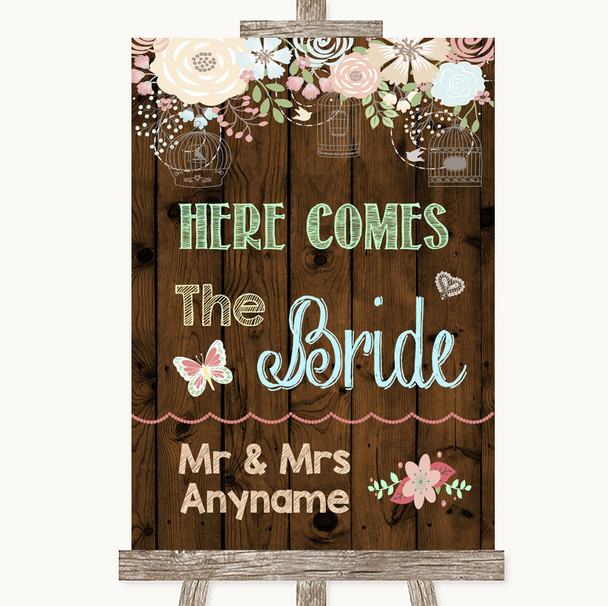 Rustic Floral Wood Here Comes Bride Aisle Sign Personalised Wedding Sign
