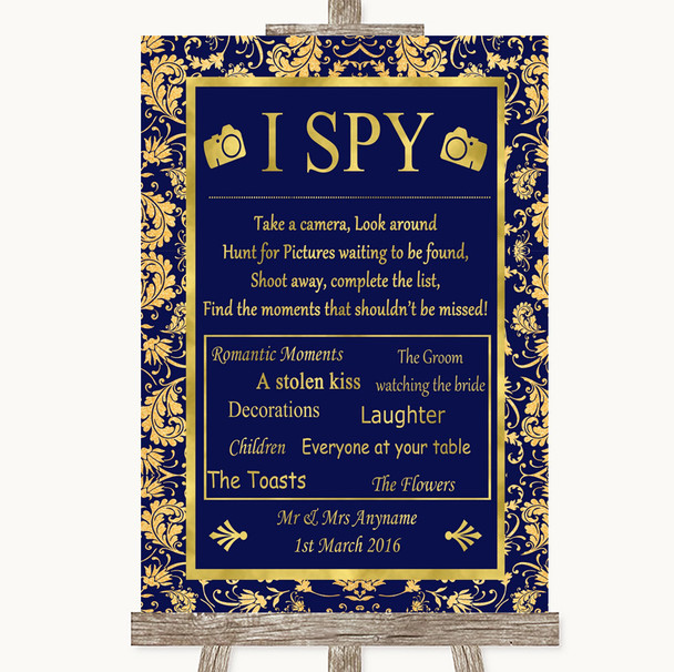 Blue & Gold I Spy Disposable Camera Personalised Wedding Sign