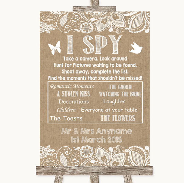 Burlap & Lace I Spy Disposable Camera Personalised Wedding Sign