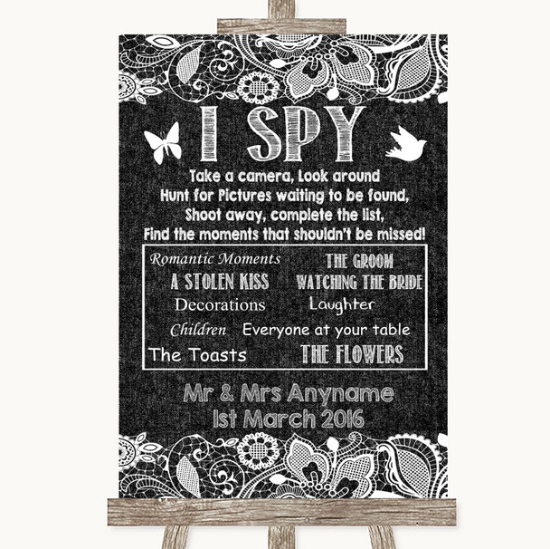 Dark Grey Burlap & Lace I Spy Disposable Camera Personalised Wedding Sign