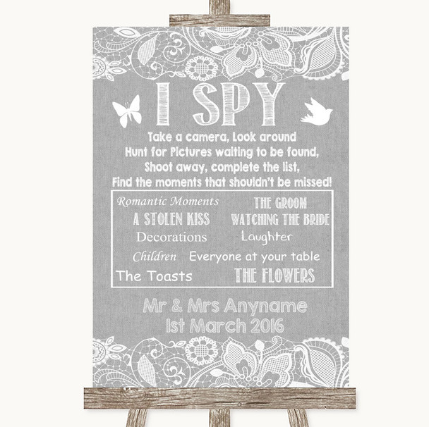 Grey Burlap & Lace I Spy Disposable Camera Personalised Wedding Sign