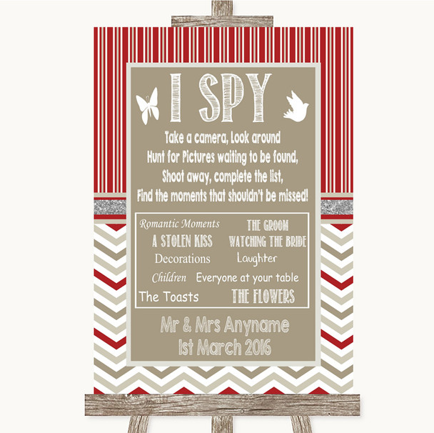 Red & Grey Winter I Spy Disposable Camera Personalised Wedding Sign