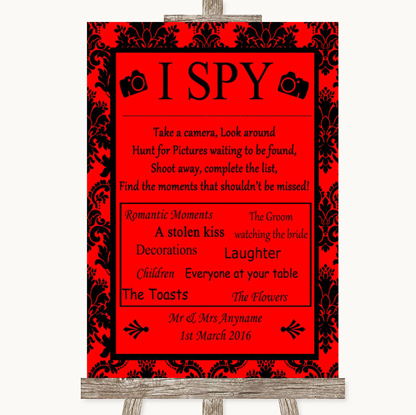 Red Damask I Spy Disposable Camera Personalised Wedding Sign