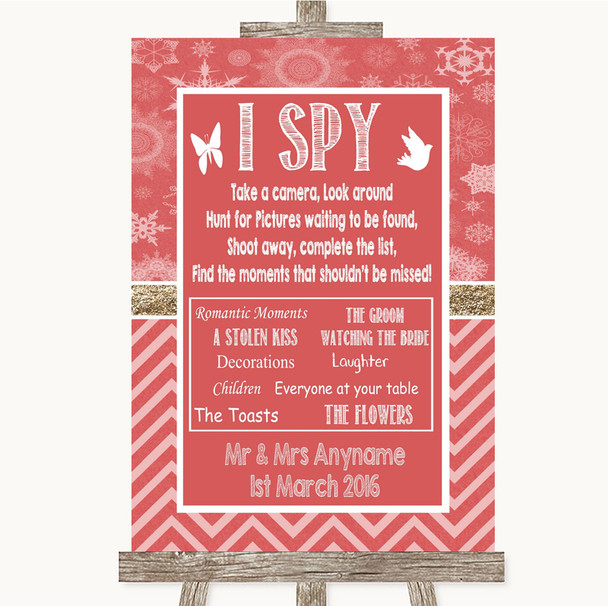 Red Winter I Spy Disposable Camera Personalised Wedding Sign