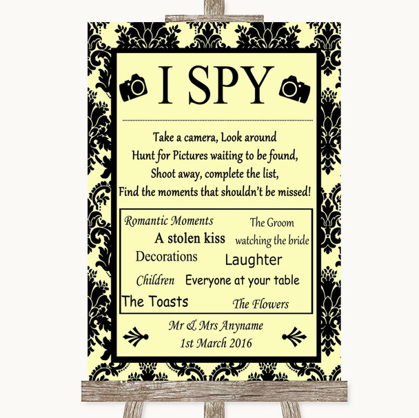 Yellow Damask I Spy Disposable Camera Personalised Wedding Sign