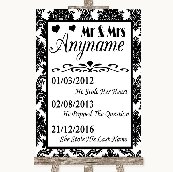 Black & White Damask Important Special Dates Personalised Wedding Sign