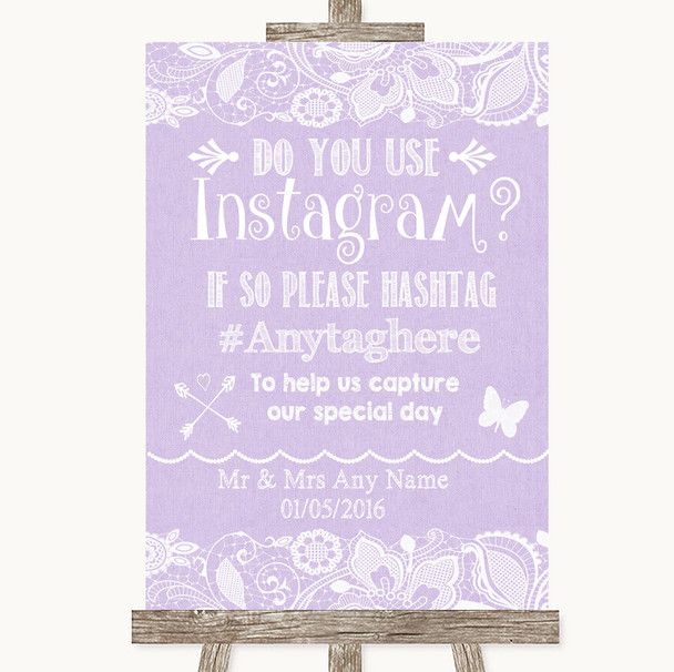 Lilac Burlap and Lace Instagram Photo Sharing Personalised Wedding Sign