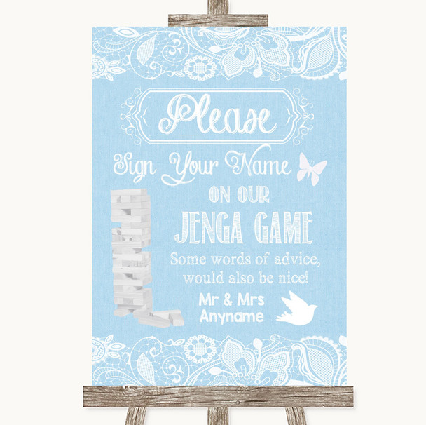 Blue Burlap & Lace Jenga Guest Book Personalised Wedding Sign