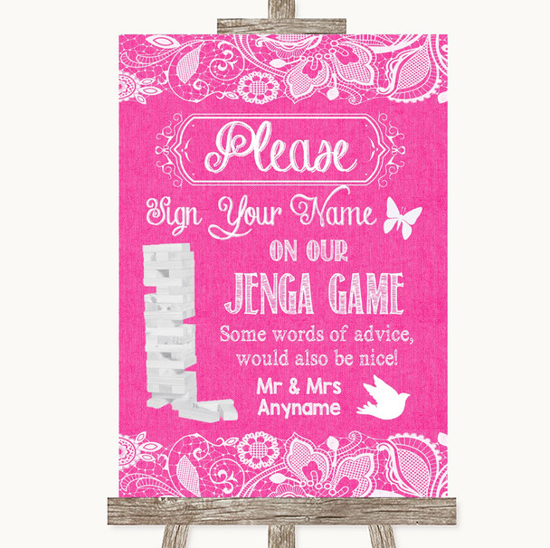 Bright Pink Burlap & Lace Jenga Guest Book Personalised Wedding Sign