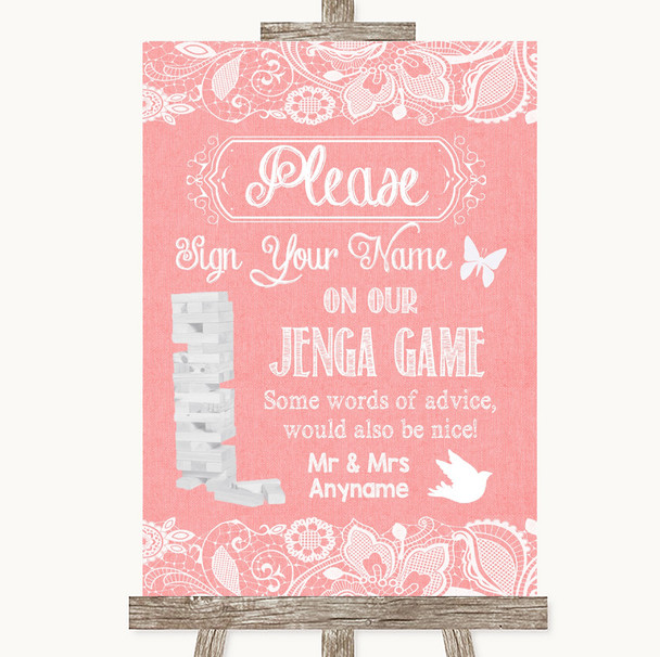 Coral Burlap & Lace Jenga Guest Book Personalised Wedding Sign