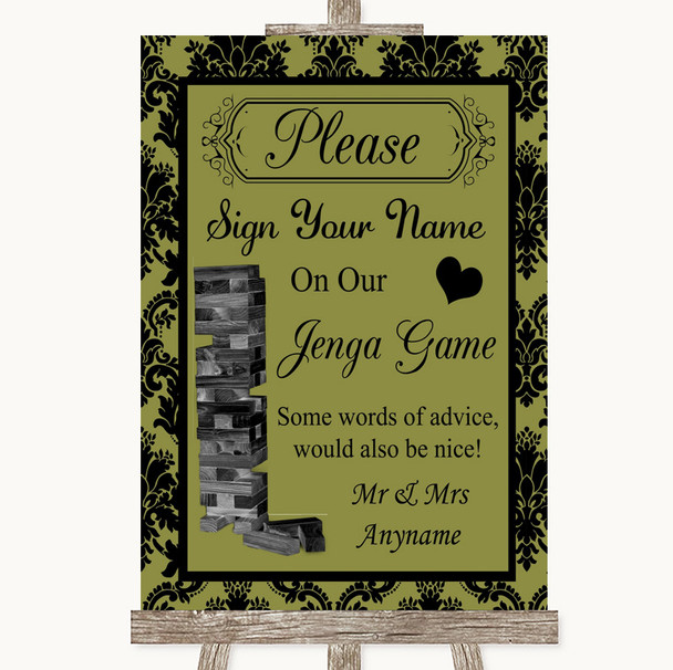 Olive Green Damask Jenga Guest Book Personalised Wedding Sign