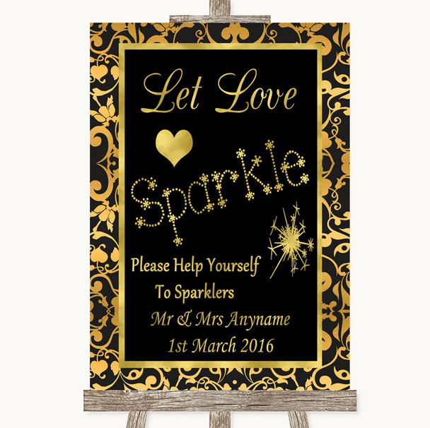 Black & Gold Damask Let Love Sparkle Sparkler Send Off Personalised Wedding Sign