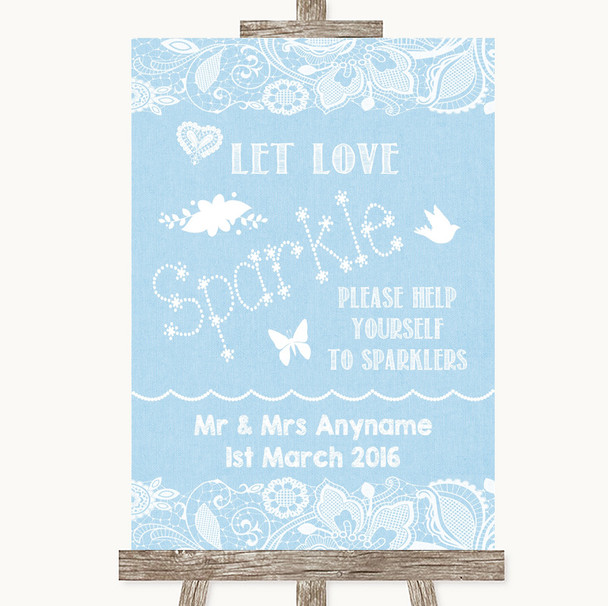 Blue Burlap & Lace Let Love Sparkle Sparkler Send Off Personalised Wedding Sign
