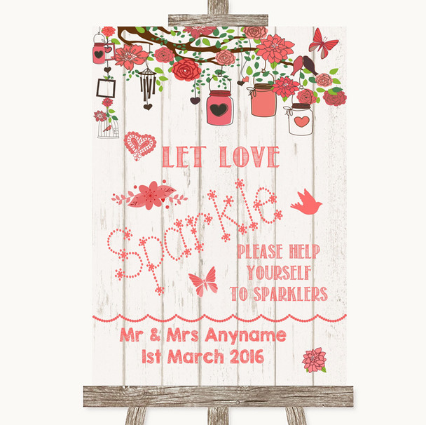 Coral Rustic Wood Let Love Sparkle Sparkler Send Off Personalised Wedding Sign