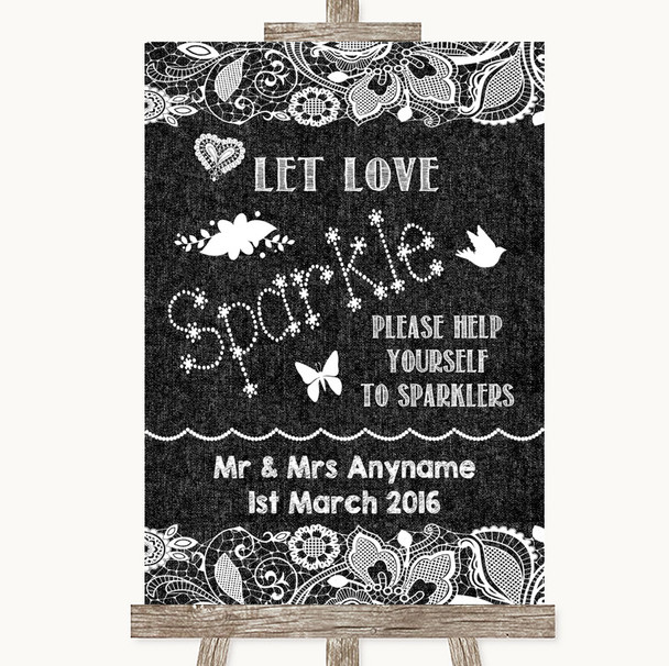 Dark Grey Burlap & Lace Let Love Sparkle Sparkler Send Off Wedding Sign