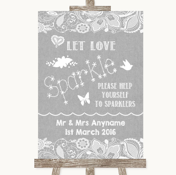 Grey Burlap & Lace Let Love Sparkle Sparkler Send Off Personalised Wedding Sign