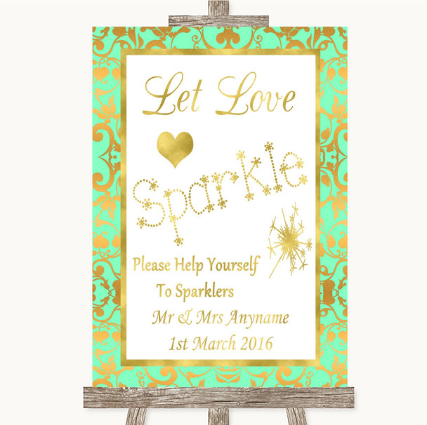 Mint Green & Gold Let Love Sparkle Sparkler Send Off Personalised Wedding Sign