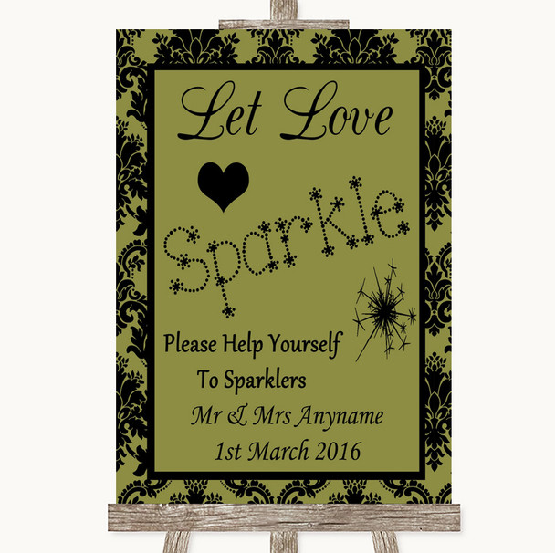 Olive Green Damask Let Love Sparkle Sparkler Send Off Personalised Wedding Sign