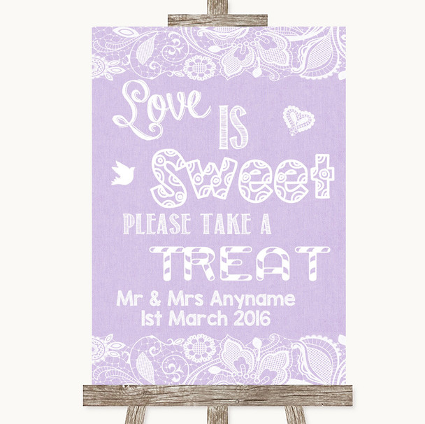 Lilac Burlap and Lace Love Is Sweet Take A Treat Candy Buffet Wedding Sign