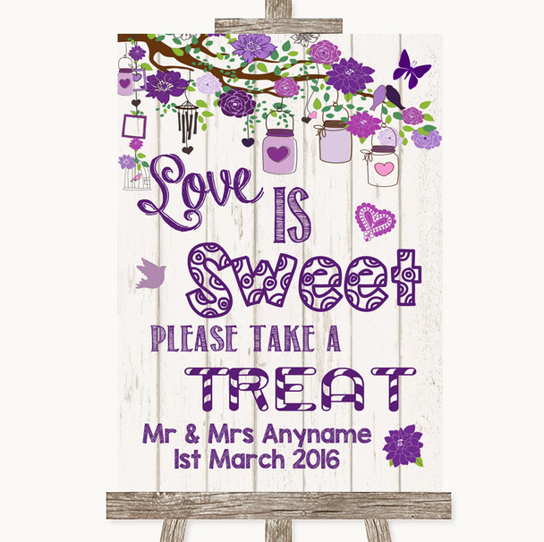 Purple Rustic Wood Love Is Sweet Take A Treat Candy Buffet Wedding Sign