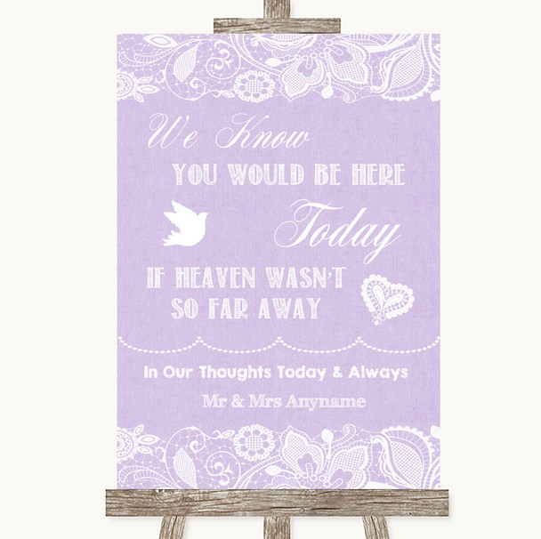 Lilac Burlap & Lace Loved Ones In Heaven Personalised Wedding Sign