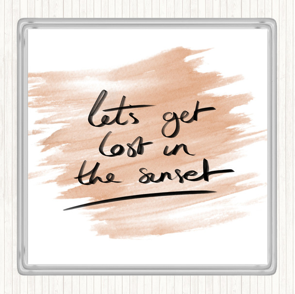 Watercolour Lets Get Lost Sunset Quote Drinks Mat Coaster