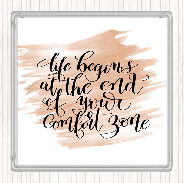 Watercolour Life Begins End Comfort Zone Quote Drinks Mat Coaster