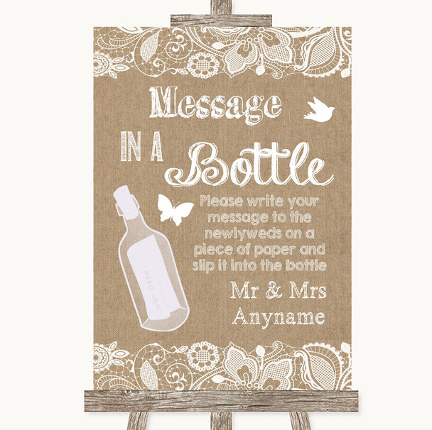 Burlap & Lace Message In A Bottle Personalised Wedding Sign