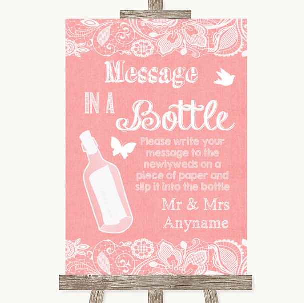 Coral Burlap & Lace Message In A Bottle Personalised Wedding Sign