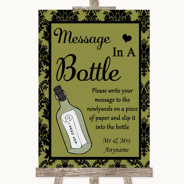 Olive Green Damask Message In A Bottle Personalised Wedding Sign