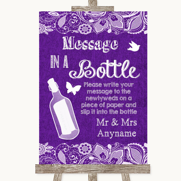 Purple Burlap & Lace Message In A Bottle Personalised Wedding Sign