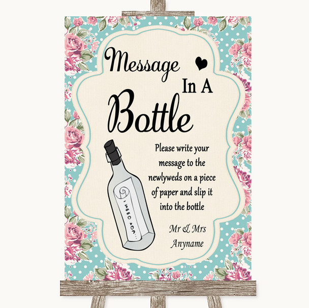 Vintage Shabby Chic Rose Message In A Bottle Personalised Wedding Sign