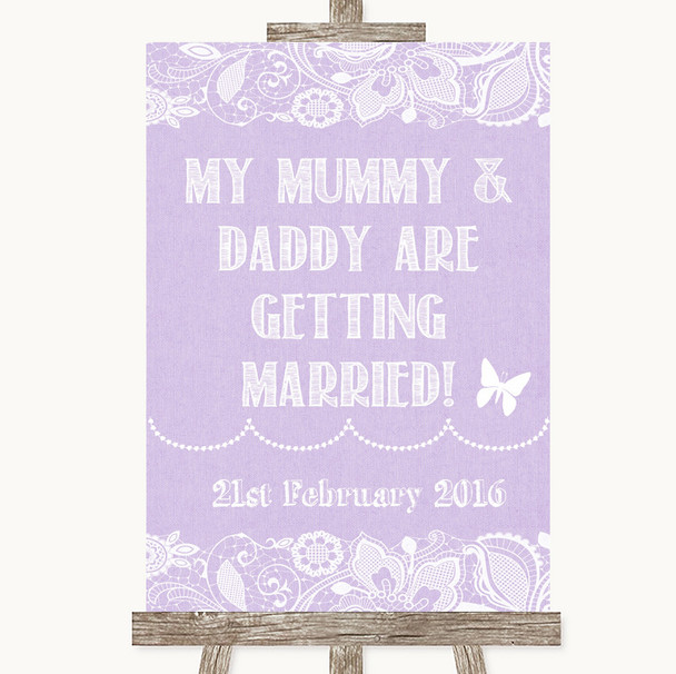 Lilac Burlap & Lace Mummy Daddy Getting Married Personalised Wedding Sign