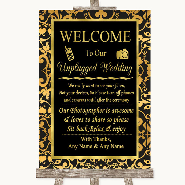 Black & Gold Damask No Phone Camera Unplugged Personalised Wedding Sign