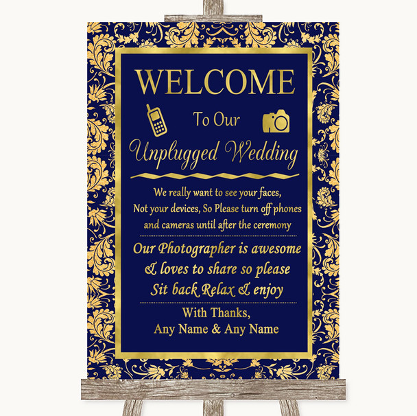 Blue & Gold No Phone Camera Unplugged Personalised Wedding Sign