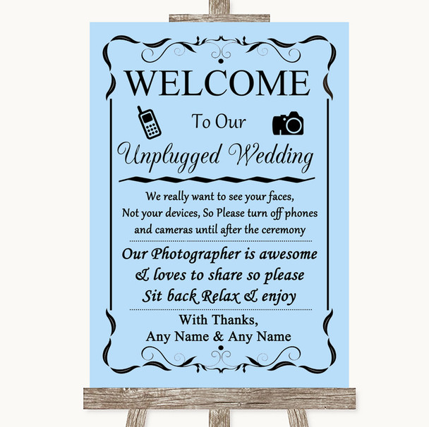 Blue No Phone Camera Unplugged Personalised Wedding Sign