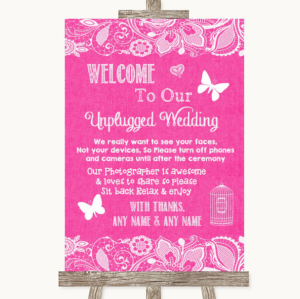 Bright Pink Burlap and Lace No Phone Camera Unplugged Personalised Wedding Sign